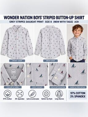 WONDER NATION STRIPED SAILBOAT BUTTON-UP SHIRT - SIZE 8 (NEW WITH TAGS) A39